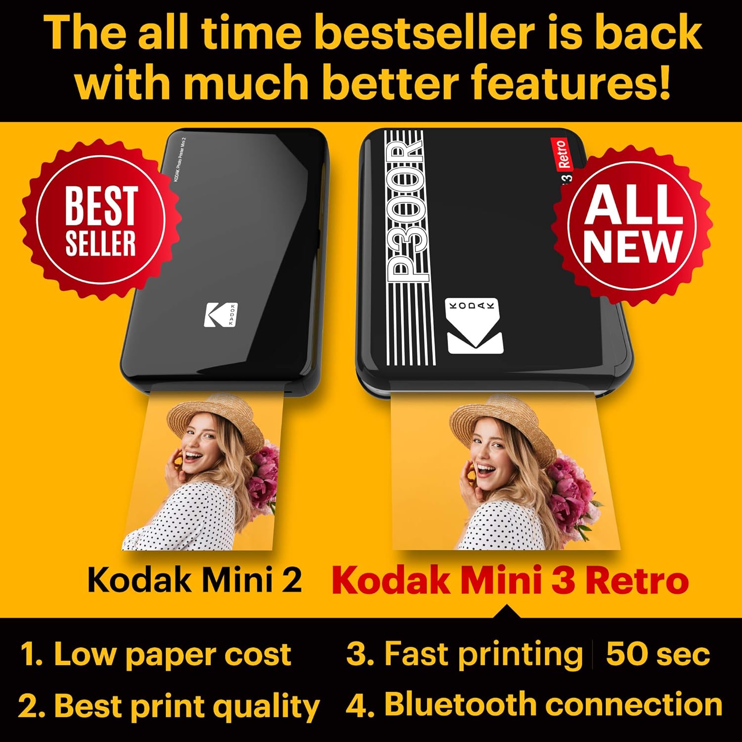 Kodak Mini 3 Retro Portable Photo Printer, Compatible with iOS, Android & Bluetooth Devices, Real Photo: (3”x3”), 4Pass Technology & Laminating Process, Print Photos - White: Office Products