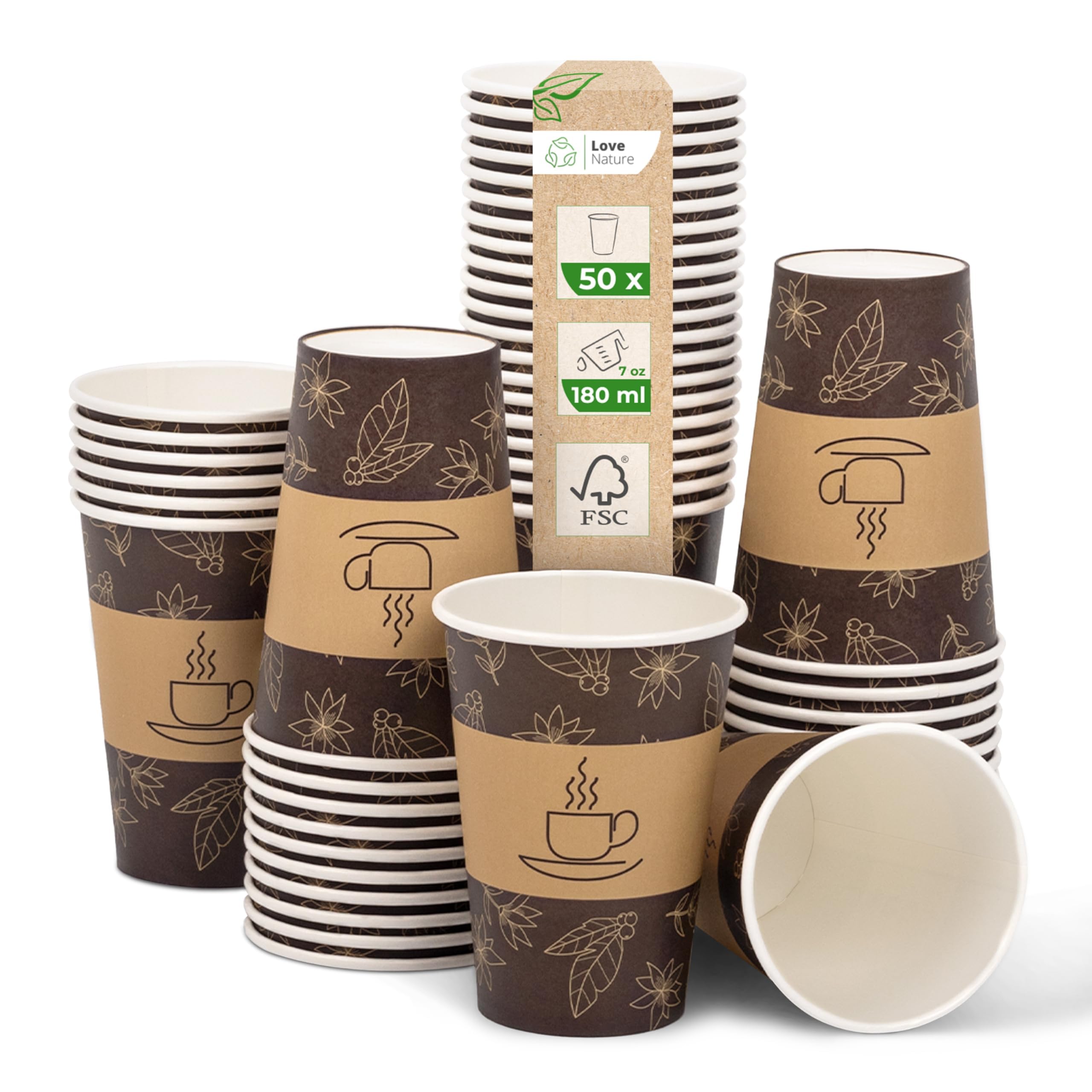 Love Nature Paper Cups 180 ml - Coffee Cups to Go Cardboard - Pack of 50 Disposable Cups for Serving Coffee, Tea, Hot and Cold Drinks