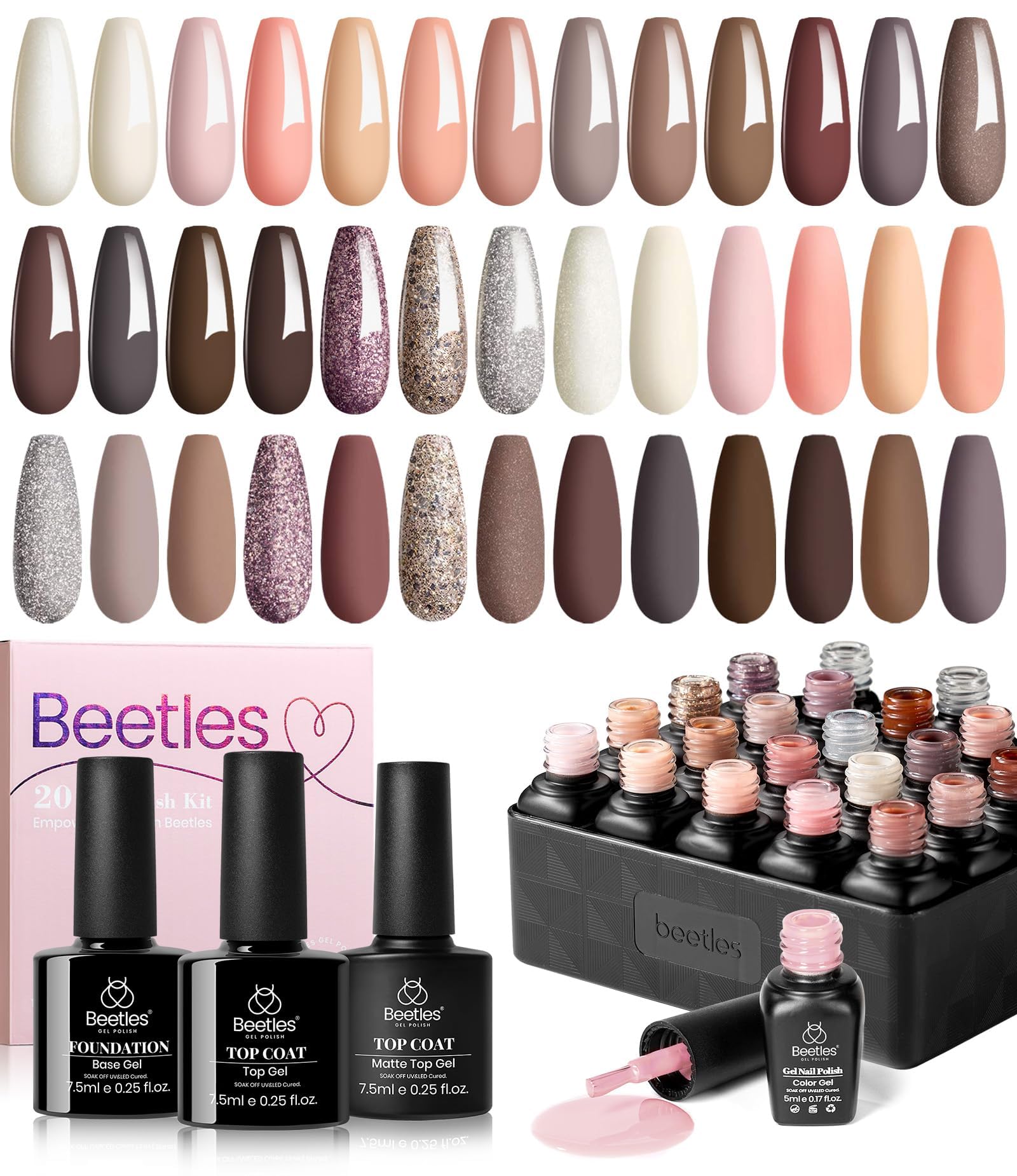 beetles Gel Polish- 23 Pcs Gel Nail Polish Kit Bare Collection Soak Off Nail Gel Polish Set Nude Glitter Pastel Pink Peach Brown Natural Skin Tone Nail Kit with Glossy Matte Top Coat Base Coat