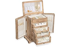 Large Wooden Jewelry Box & Organizer for Women, Jewelry Storage with 4 Transparent Drawers, Holds Necklaces, Rings, Bracelets