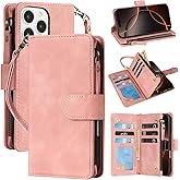 RANYOK Compatible with iPhone 16 Pro Max Wallet Case - PU Leather Wallet Case for iPhone 16 Pro Max with Credit Card Holder RFID Blocking Zipper Pocket [Wrist Strap] Protective Case (Pink)