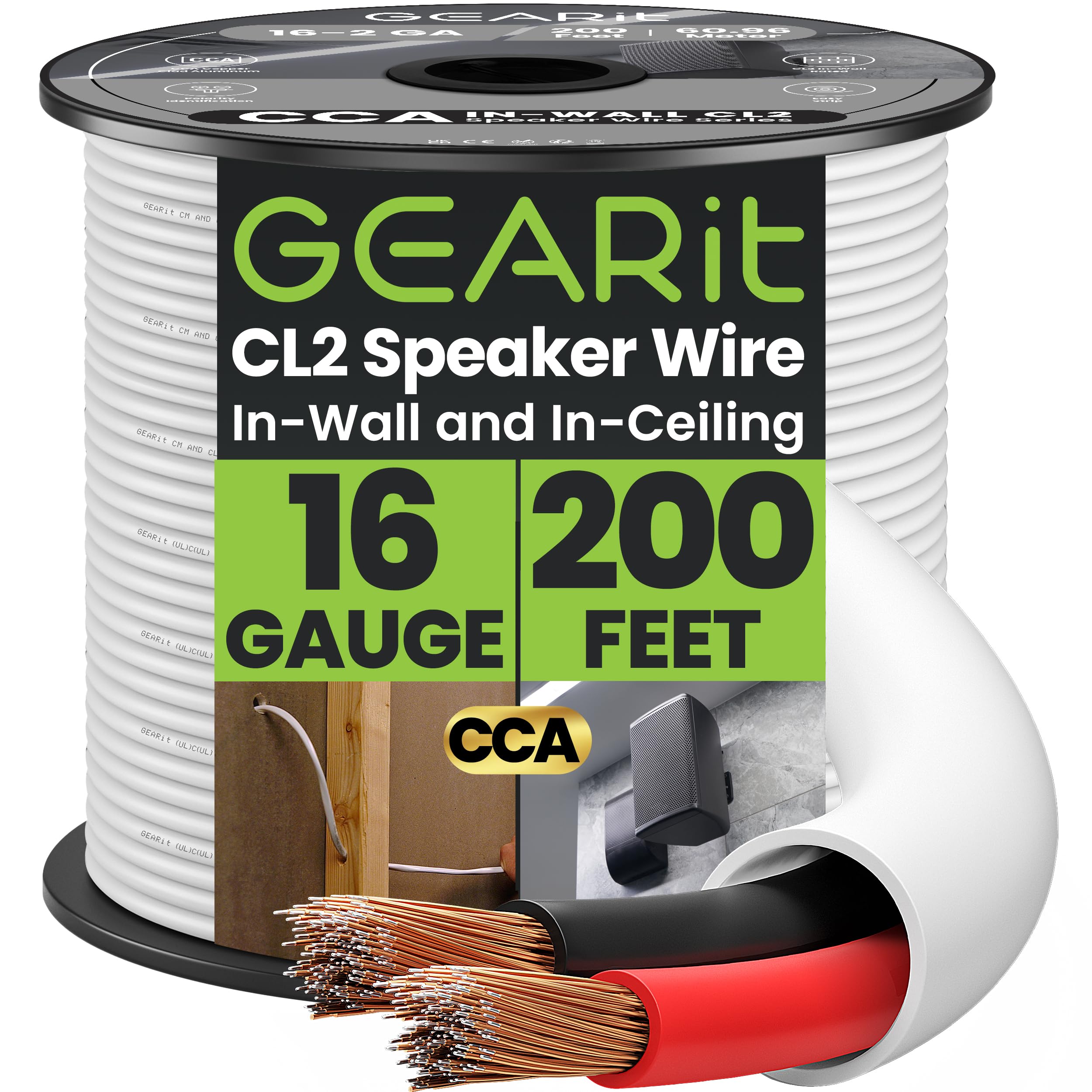 GearIT In-Wall Speaker Wire OFC 2x1.5mm≤ (60.96 Meters - White) Oxygen-Free Copper - Hi-Fi Audio for CL2 Rated / 2-Conductors - 16 Gauge AWG, 200 Feet