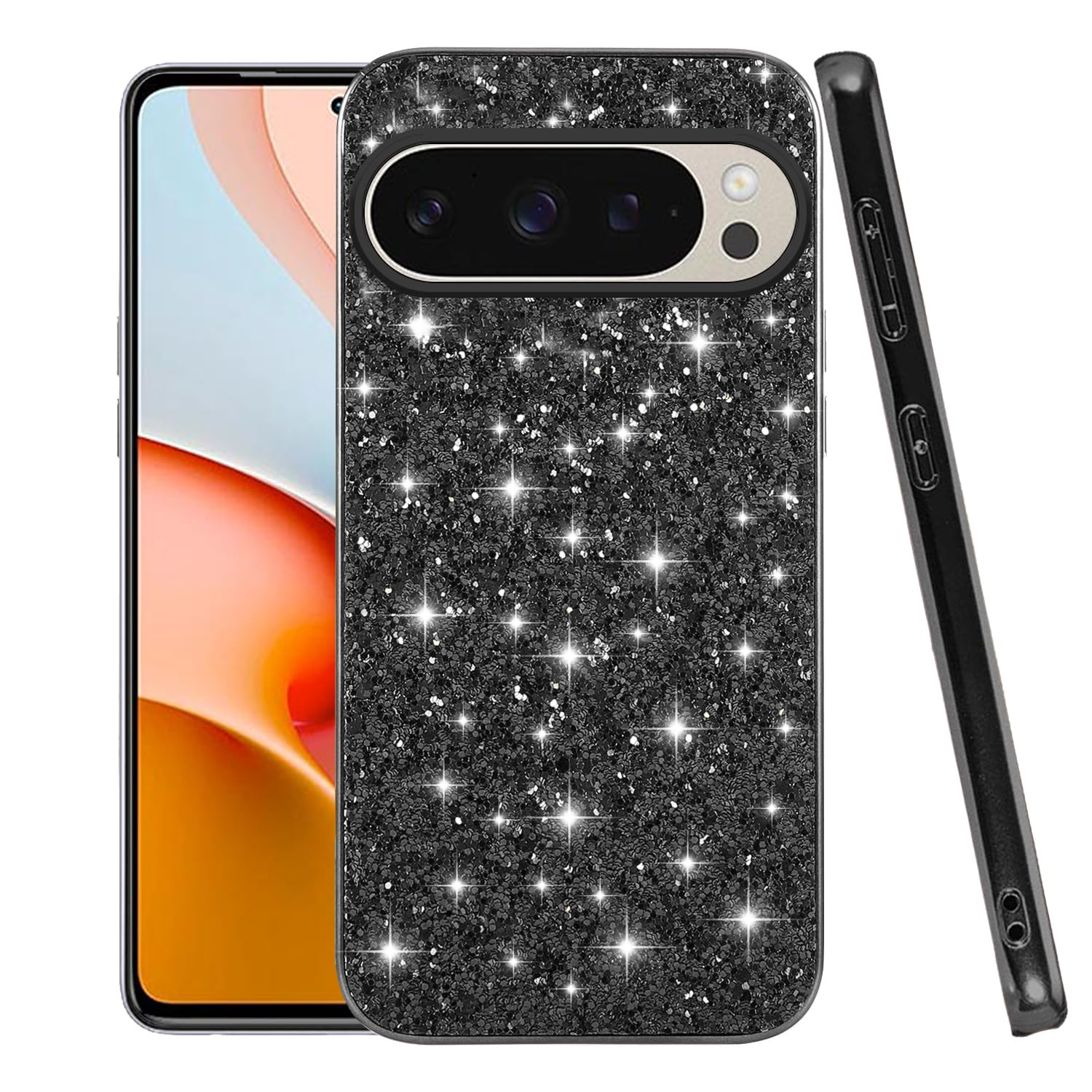 Compatible with Google Pixel 9 Pro XL Case Shockproof, Phone Case for Google Pixel 9 Pro XL Glitter Sparkly Cover Silicone Cute Protective Cases Accessories Cover (Black)