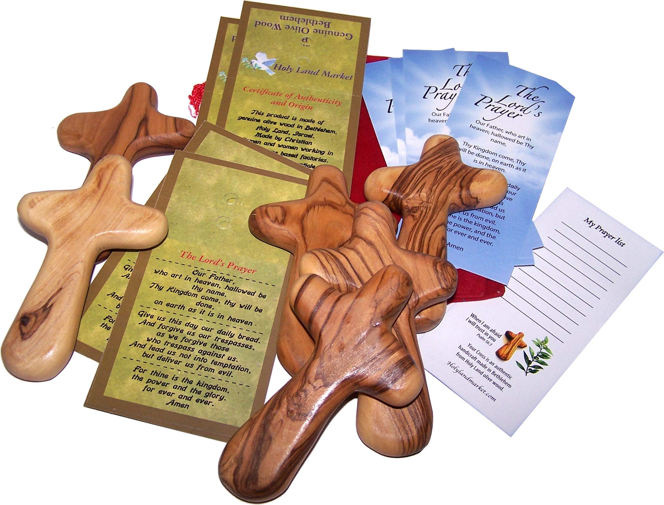 Six Olive Wood Comfort Crosses With Velvet Bags Lord S Prayer Card