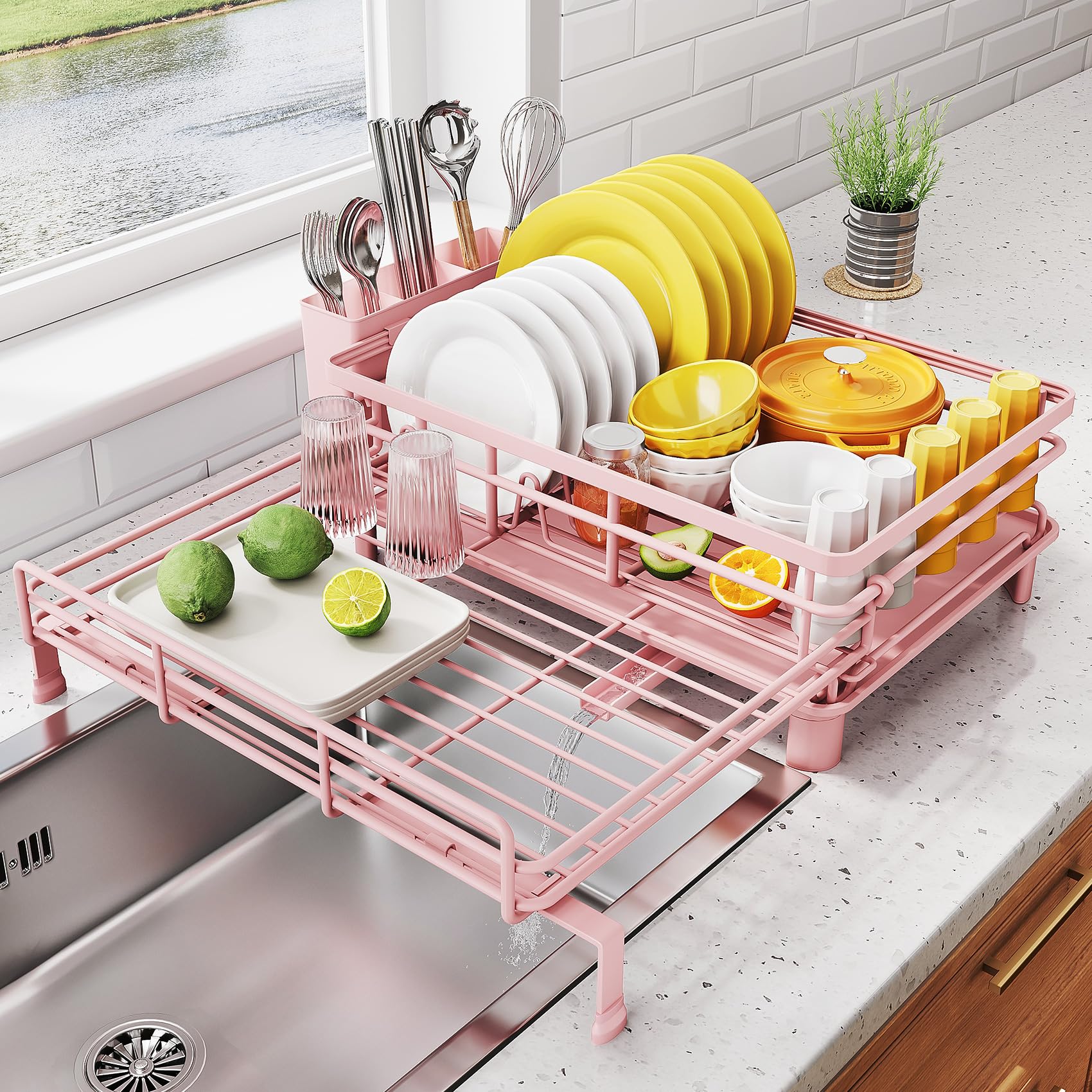 Photo 1 of SNTD Dish Drying Rack - Extendable Dish Rack, Large Sink Drying Dish Drainer for Kitchen Counter, Stainless Steel Dish Strainer with Utensil Holder (Pink)