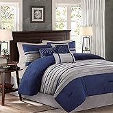Madison Park Palmer Comforter Set-Luxury Faux Suede Design, Striped Accent, All Season Down Alternative Bedding, Matching Shams, Decorative Pillow, Bed Skirt, Queen (90 in x 90 in), Blue 7 Piece