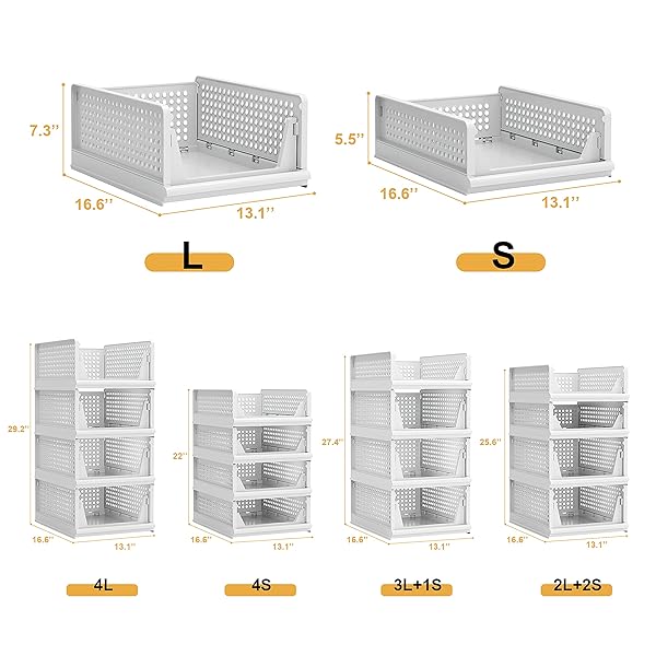 PROAREA 4 PACK STACKABLE PLASTIC STORAGE BASKET CLOSET ORGANIZER BIN FOLDABLE CLOTHES ORGANIZER STORAGE DRAWER SHELF CONTAINER FOR LIVING ROOM BATHROOM KITCHEN OFFICE LAUNDRY ROOM 2L+2S