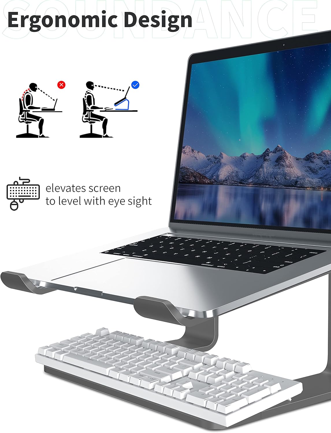 Soundance Laptop Stand, Aluminum Computer Riser, Ergonomic Laptops Elevator for Desk, Metal Holder Compatible with 10 to 15.6 Inches Notebook Computer, Grey: Office Products