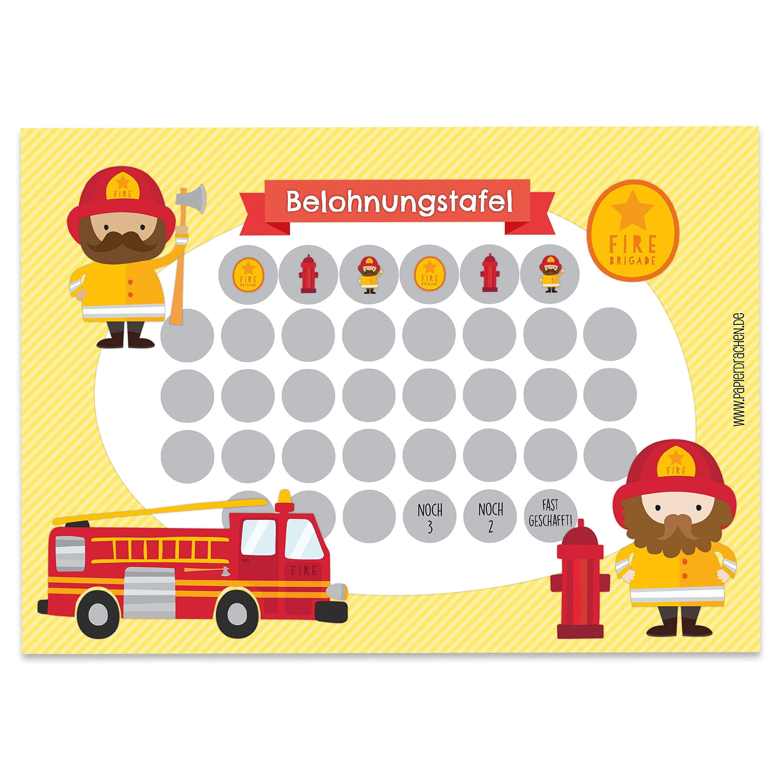 Papierdrachen Reward Chart Set for Children as Tear-Off Pad 10 Sheets – Motivational Concept as Educational Aid – with Great Stickers for Boys and Girls – Motif Fireman Set 6