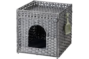SETVSON Cat Litter Box Enclosure Cat Litter Box Furniture Hidden with Cat Litter Mat, Cat Litter Box Furniture with Two S-Shaped Hooks, Handwoven Rattan Cat House for Living Room, Bedroom, (Gray)