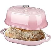 VORRINGARD Enameled Cast Iron Dutch Oven Pot with Dome Lid, Oval Bread Oven for Homemade Sourdough Bread Baking, Oven Safe up to 500°F, 6 Quart, Pink