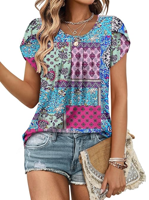 ONLYSHE Womens Floral Tunic Top Short Sleeve Shirts Loose Fit Summer Tops,Blue Blocks,Small