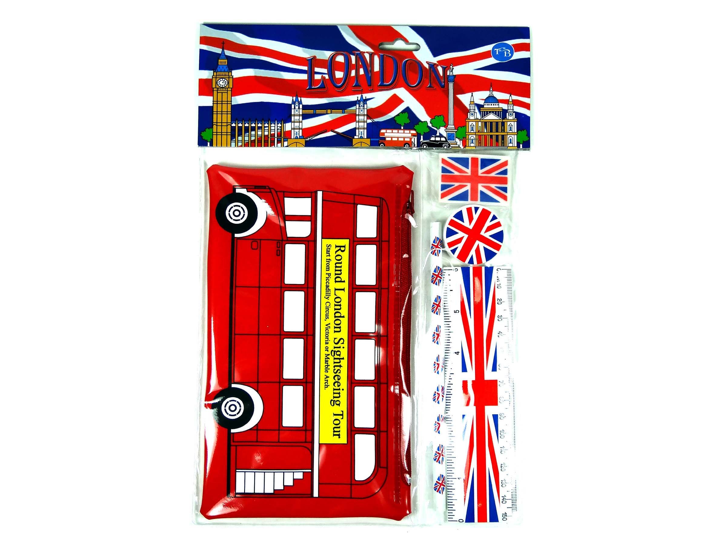 London Red Double Decker Bus School Kit with Union Jack Pencil Case and Union Jack Accessories