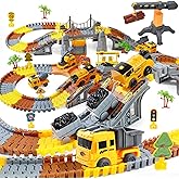 281 PCS Race Tracks Construction Toys for 3 4 5 6 7 8 9 Year Old Boys Girls, 4 PCS Truck Car, Tower Crane, Toddler Track for 4-6, Christmas Birthday Gifts for Age 3-5, Engineer Building Set，Kids Toys