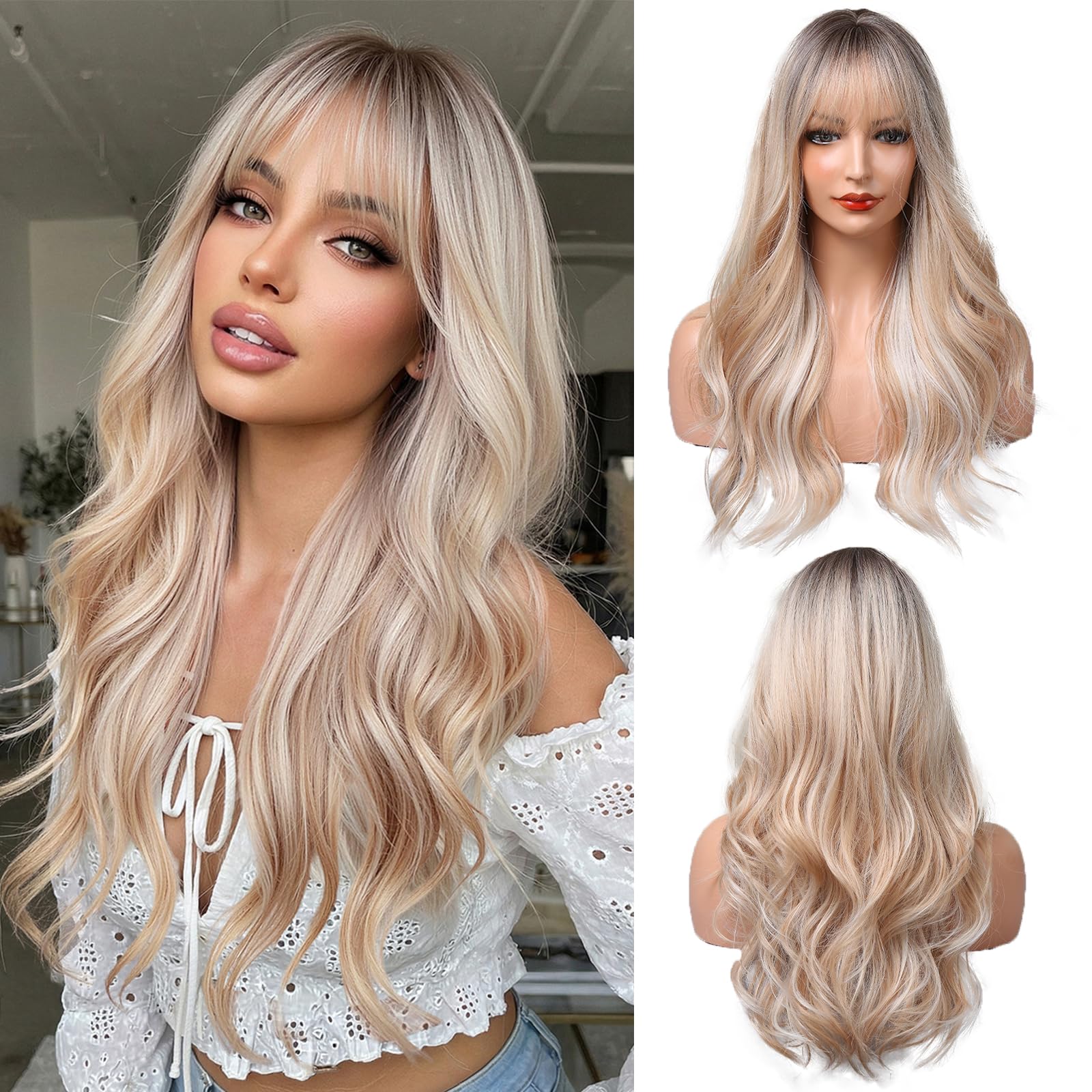 OUFEI Long Ombre Blonde Wig With Bangs Natural Wavy Wigs for Women Natural Synthetic Hair Heat Resistant Wigs for Daily Party Cosplay Wear — image 1