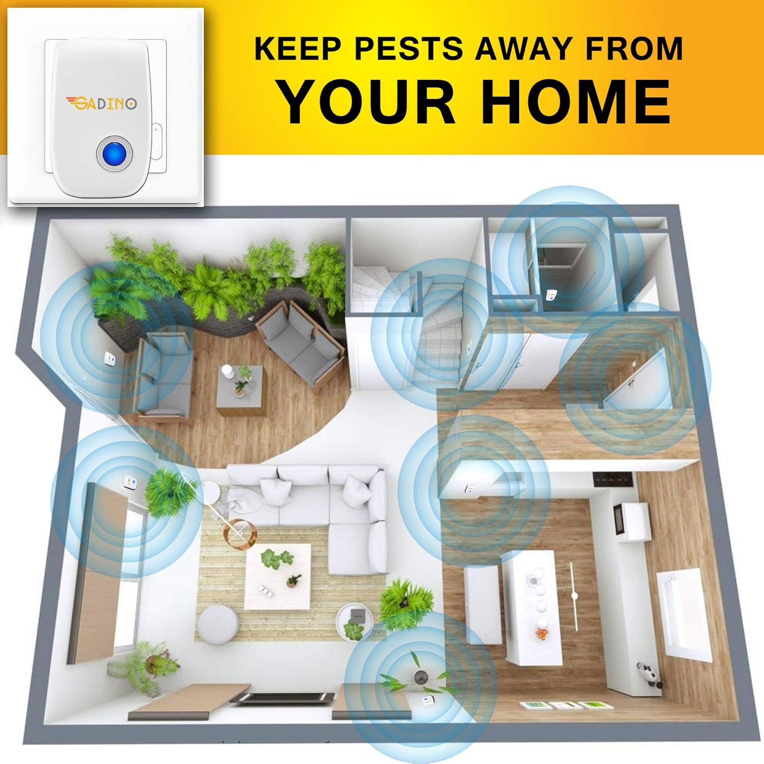 GADINO Ultrasonic Pest Repellent - Indoor Plug, Electronic and Ultrasound Repeller - Insects, Mice, Spiders, Mosquitoes, Bugs Control (Pack of 6): Garden & Outdoor