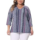 Agnes Orinda Plus Size Tops for Women V Neck 3/4 Sleeve Knit Blouse Tee Shirt Stripe Boho Tops