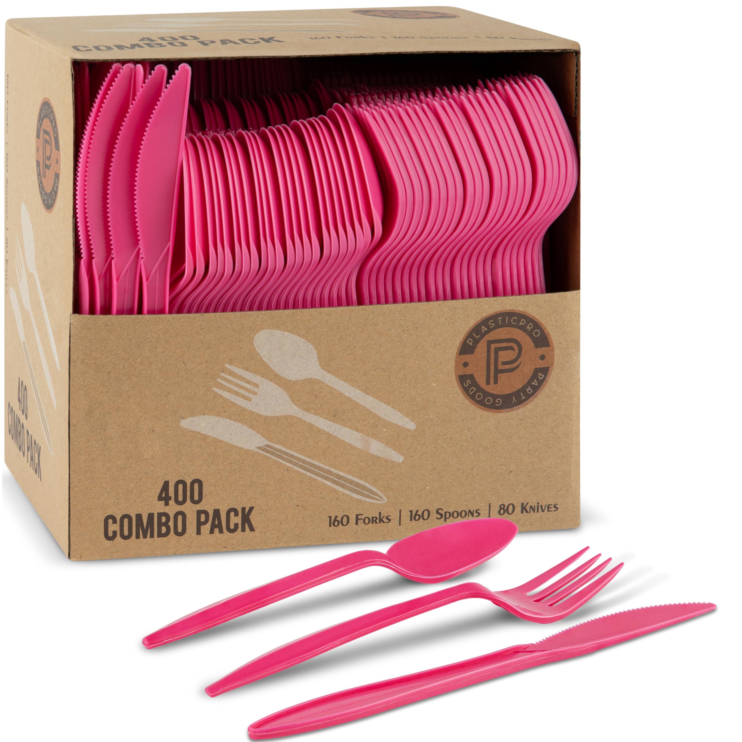 Photo 1 of PLASTICPRO 400 Pack Disposable Plastic Utensils Assorted Colored Cutlery Combo Set Forks Spoons Knives Silverware, Pink Plastic Cutlery for Parties