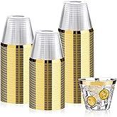 Bestluck 100 Pack 9 oz Gold Plastic Cups, Clear Disposable Cups with Gold Rim, Plastic Cocktail Glasses for Party & Graduation & Wedding