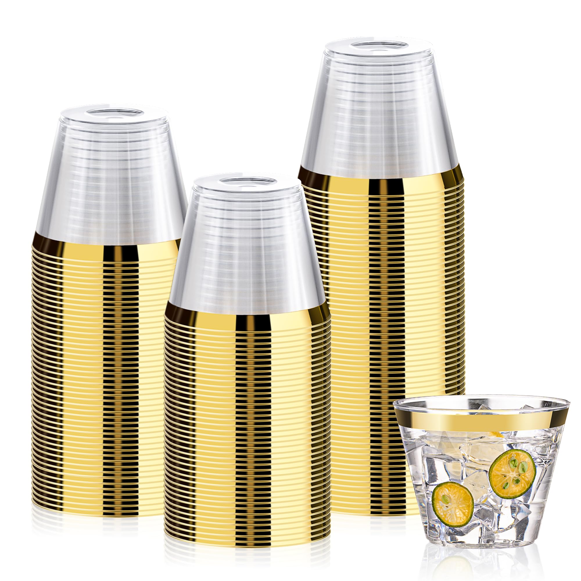 Photo 1 of Bestluck 100 Pack 9 oz Gold Plastic Cups, Clear Disposable Cups with Gold Rim, Plastic Cocktail Glasses for Party & Graduation & Wedding