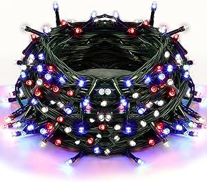 Twinkle Star 200 LED 66ft Patriotic String Lights Plug in, 8 Modes July 4th Green Wire Clear Bulbs Mini Light, Waterproof Fairy Tree Lights Independence Day Party Holiday Decoration, Red, Blue & White