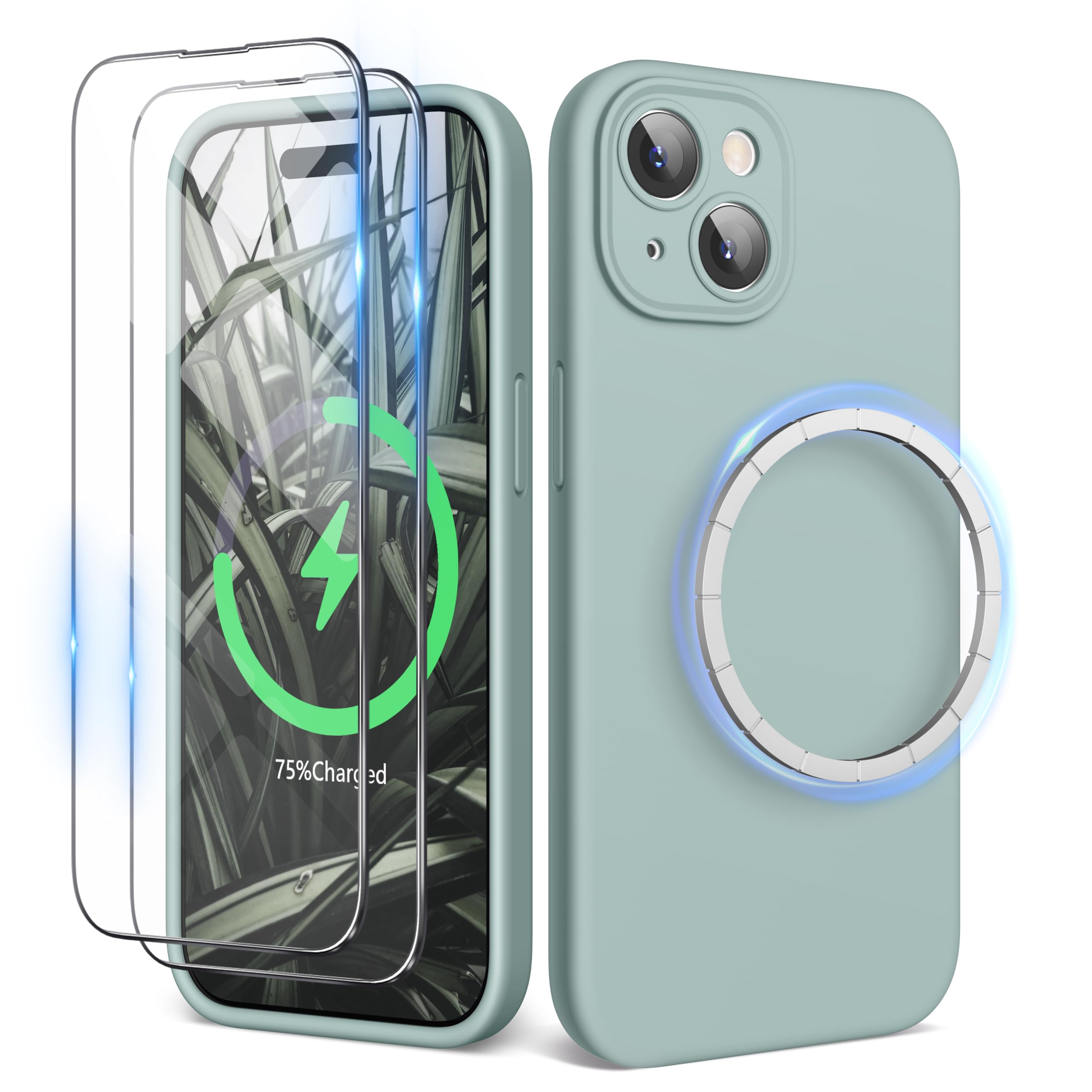 SURPHY Magnetic Case for iPhone 15 Plus Case with Screen Protector, Liquid Silicone Anti-Scratch Compatible with MagSafe Gel Rubber Phone Case for iPhone 15 Plus 6.7 inch, Succulent — image 1