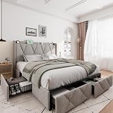 iPormis Full Siza Bed Frame with 4 Storage Drawers, Upholstered Platform Bed Frame with Charging Station, Wingback Storage Headboard with Storage, No Box Spring Needed, Easy Assembly, Light Gray