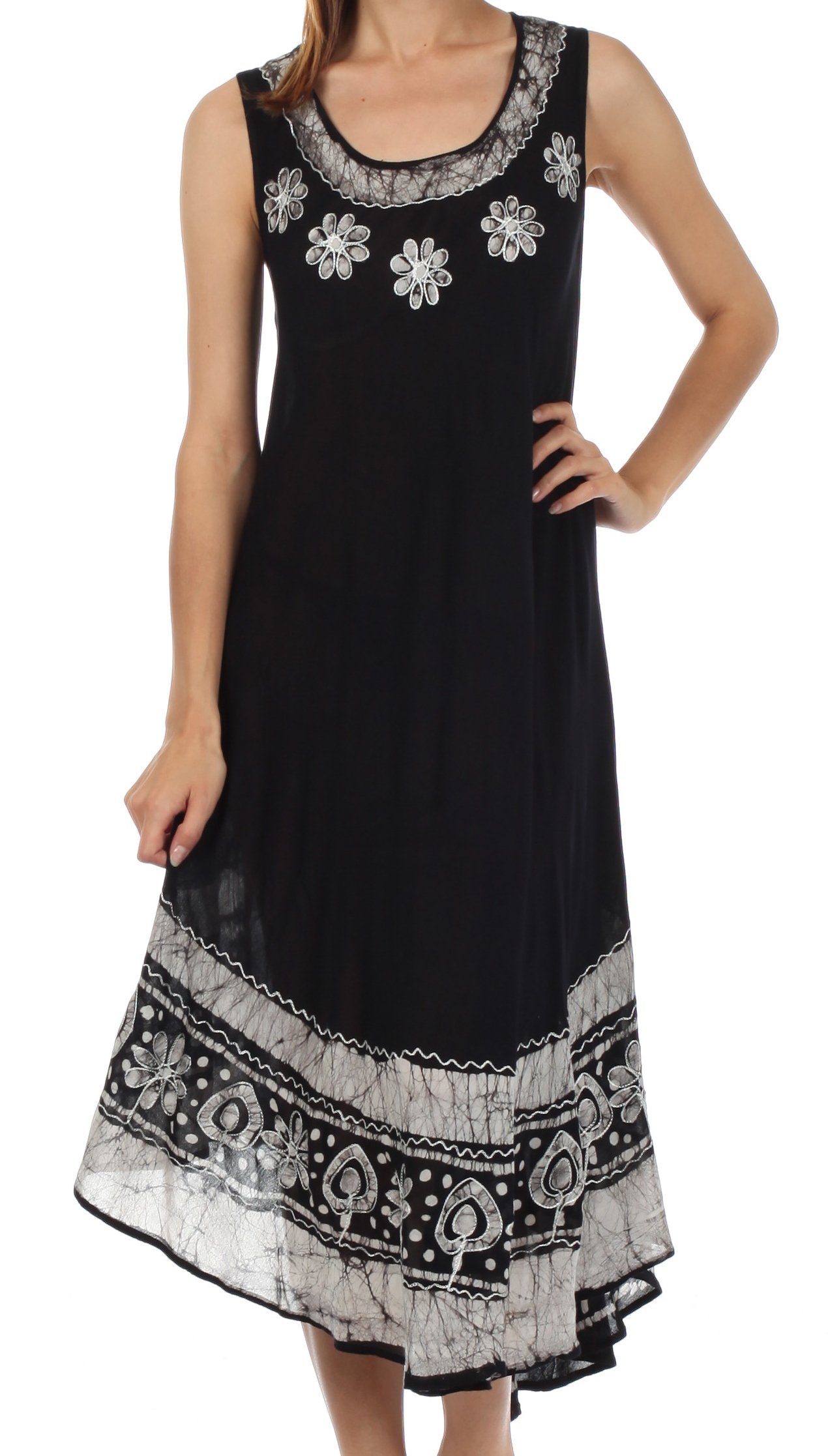 Sakkas A900 Batik Flower Caftan Tank Dress/Cover Up - Black/White - One Size