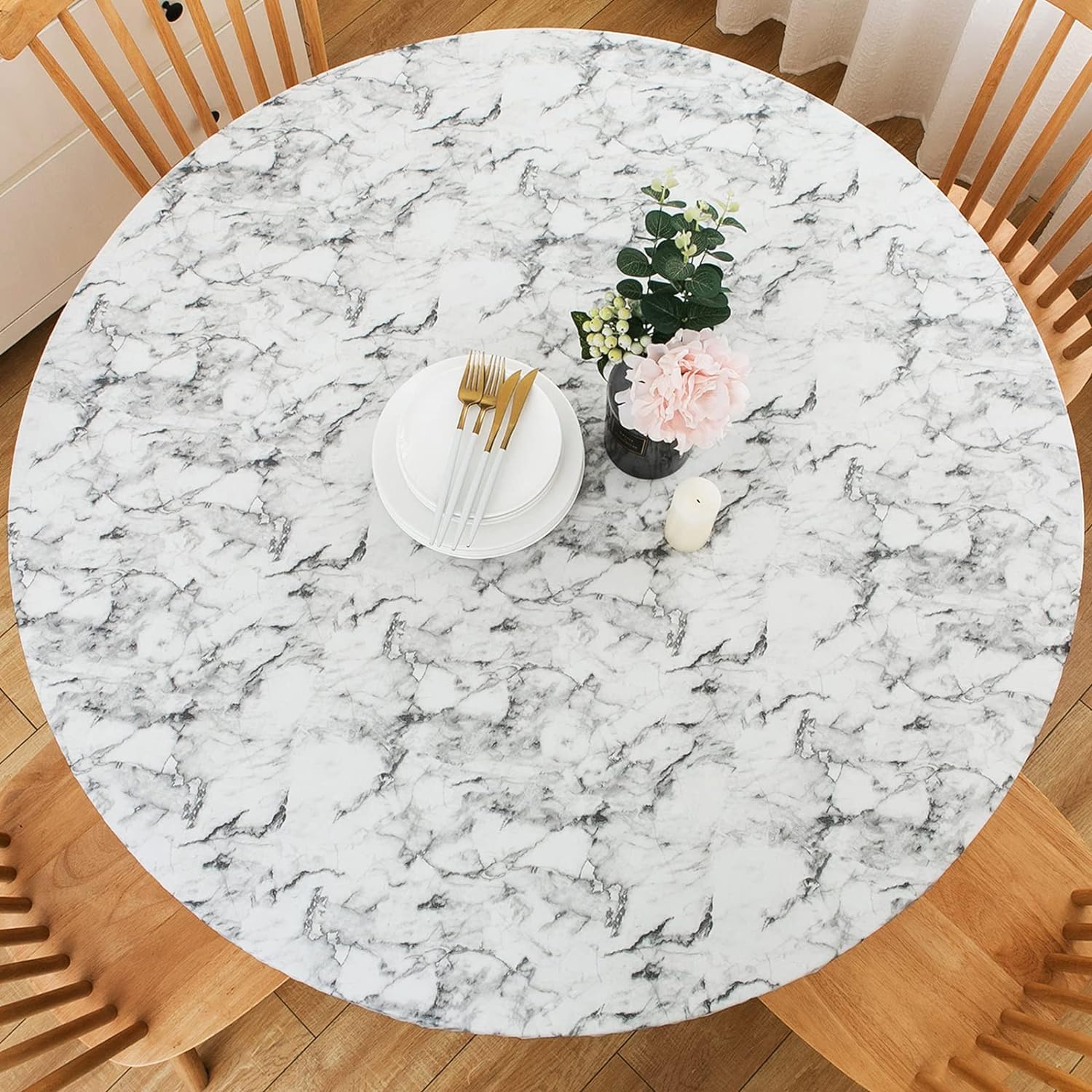 GRISHA Waterproof Round Tablecloth,Elastic Edged Fitted,Oilcloth,PVC,Wipeable,Outdoor circular plastic cover. (Grey Marble, 95x112cm)