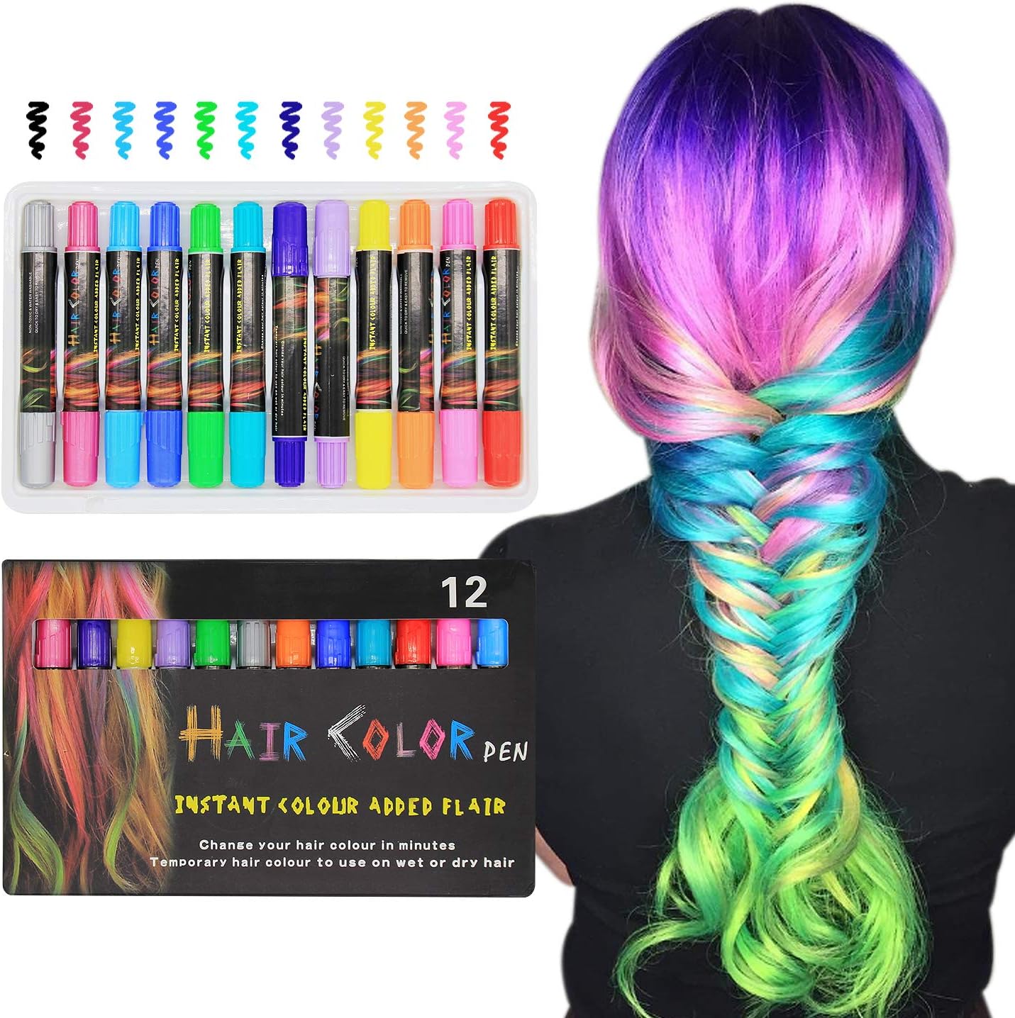 12 Colors Temporary Hair Chalk Pens Set For Kids Girls And Boys