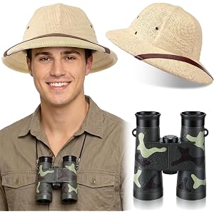 Liitrsh 2 Pcs Safari Costume Accessories for Men Jungle Zoo Keeper Explorer Safari Outfit Pith Helmet Binocular for Halloween