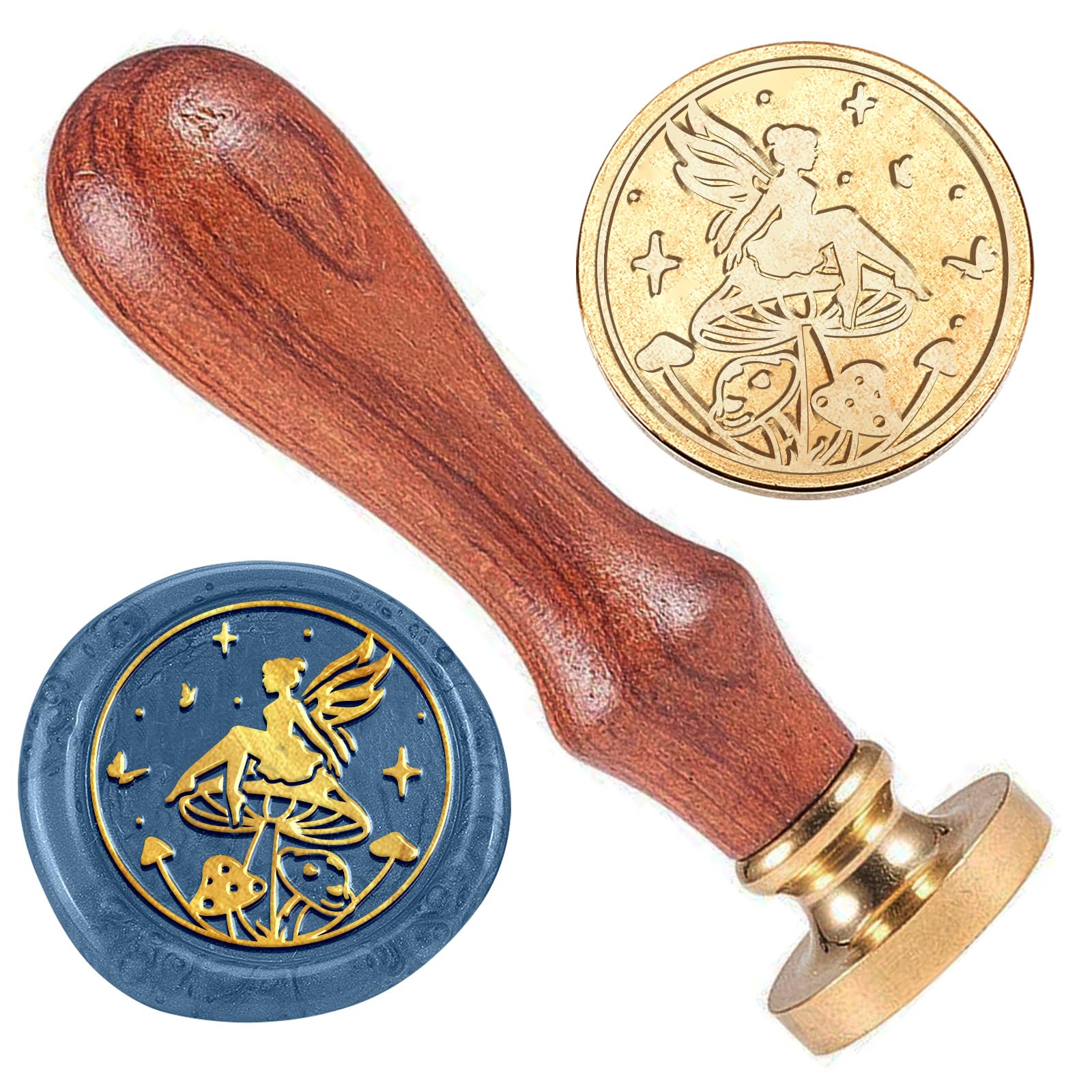 DELORIGIN Fairy Mushroom Wax Sealing Stamp 1" Angel Vintage Brass Wax Stamp Removable Wax Stamp Head with Wooden Handle for Wedding Party Invitation Gift Wrapping Envelopes Wine Package Decor