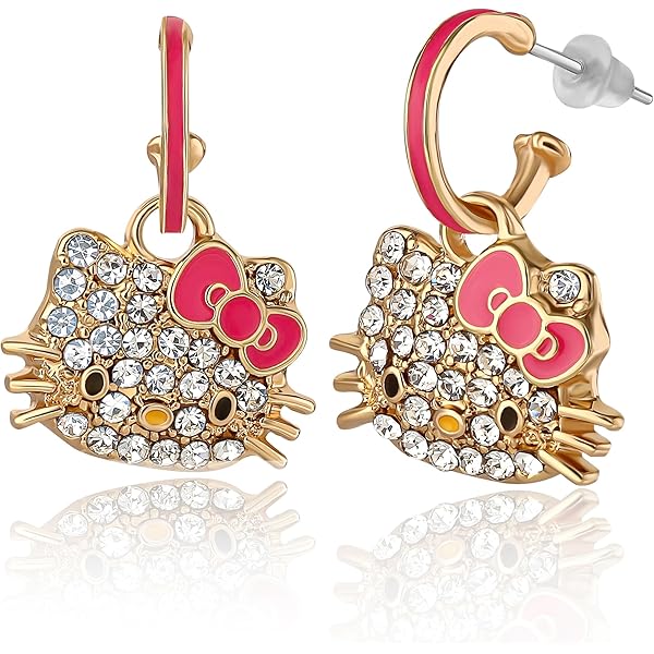 Boucles D'oreilles Puces Hello Kitty - Pour Enfant Et Bébé - Métal Doré Rhodié Laqué Rose - Neuf Sans Emballage