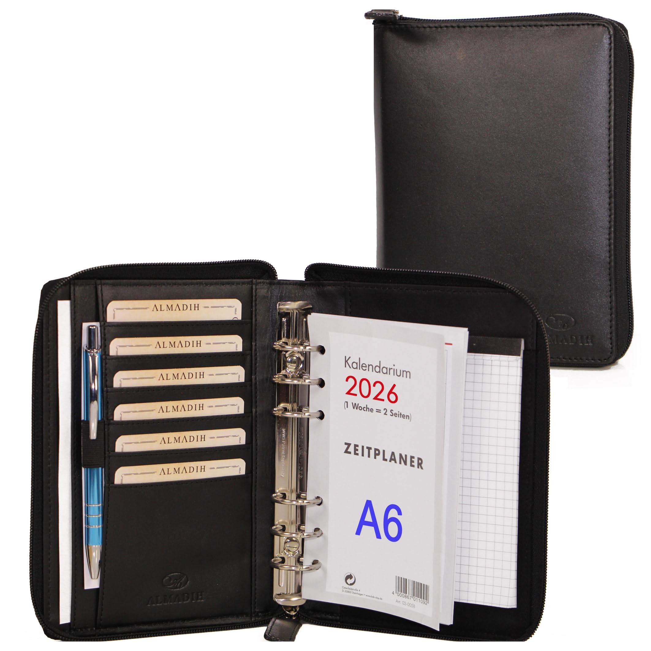 ALMADIH Leather A6 Organizer with Rings, Zipper, Calendar 2025 A6 Writing Pad Premium Cow Leather black - Personal Planner Conference Folder System Ring Binder Portfolio Folio Workbook Datebook