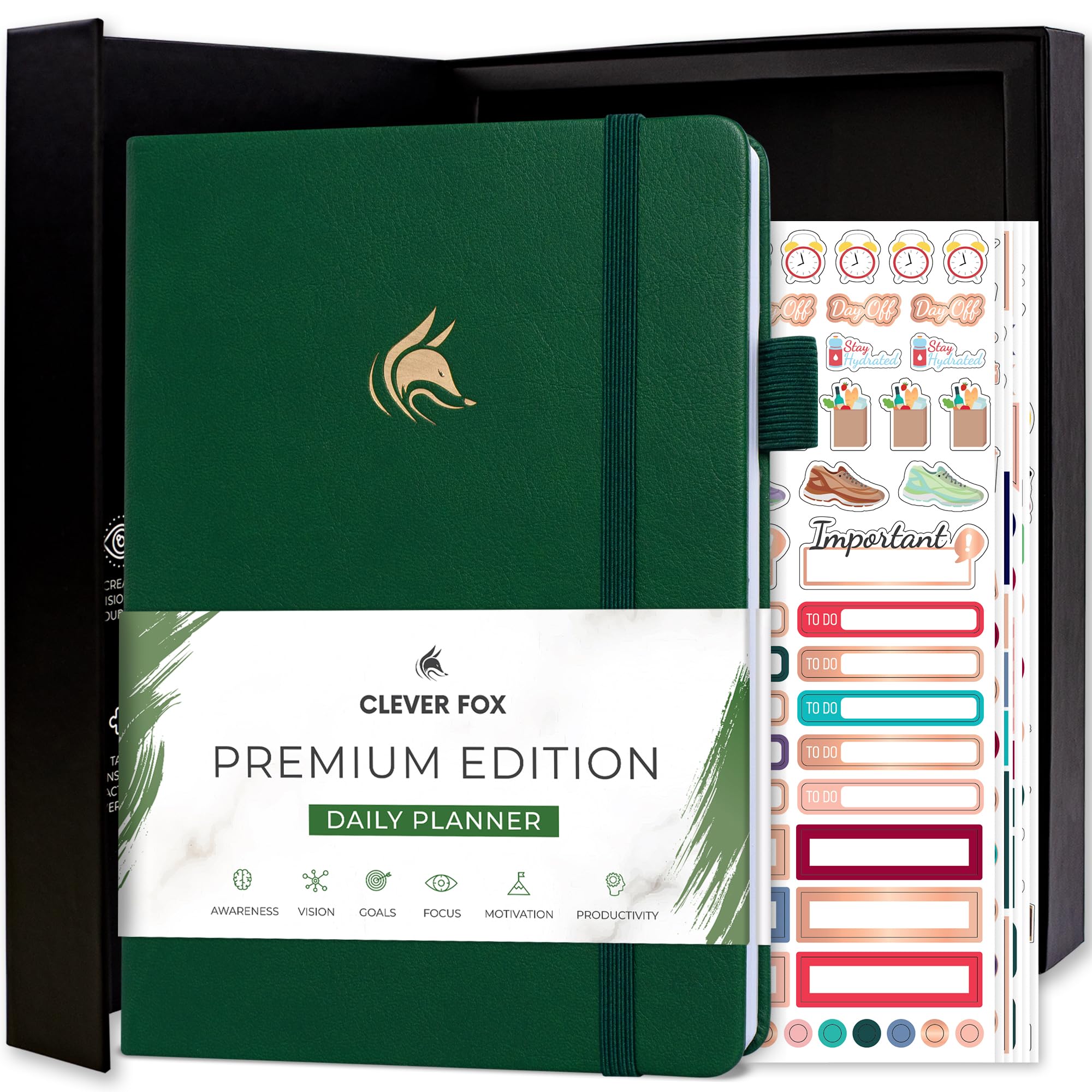Clever Fox Planner Daily Premium – Undated Daily Planner with Hourly Schedule, Personal Organizer, Productivity Journal, 6 Months (Forest Green)