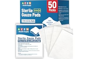 AZEN 50 Pack Sterile Gauze Pads, 3" x 4" Non Stick Gauze Pads, 8-Ply Cotton Gauze Sponges for Wound Care and First Aid, Highly Absorbent Individually Wrapped Medical Gauzes