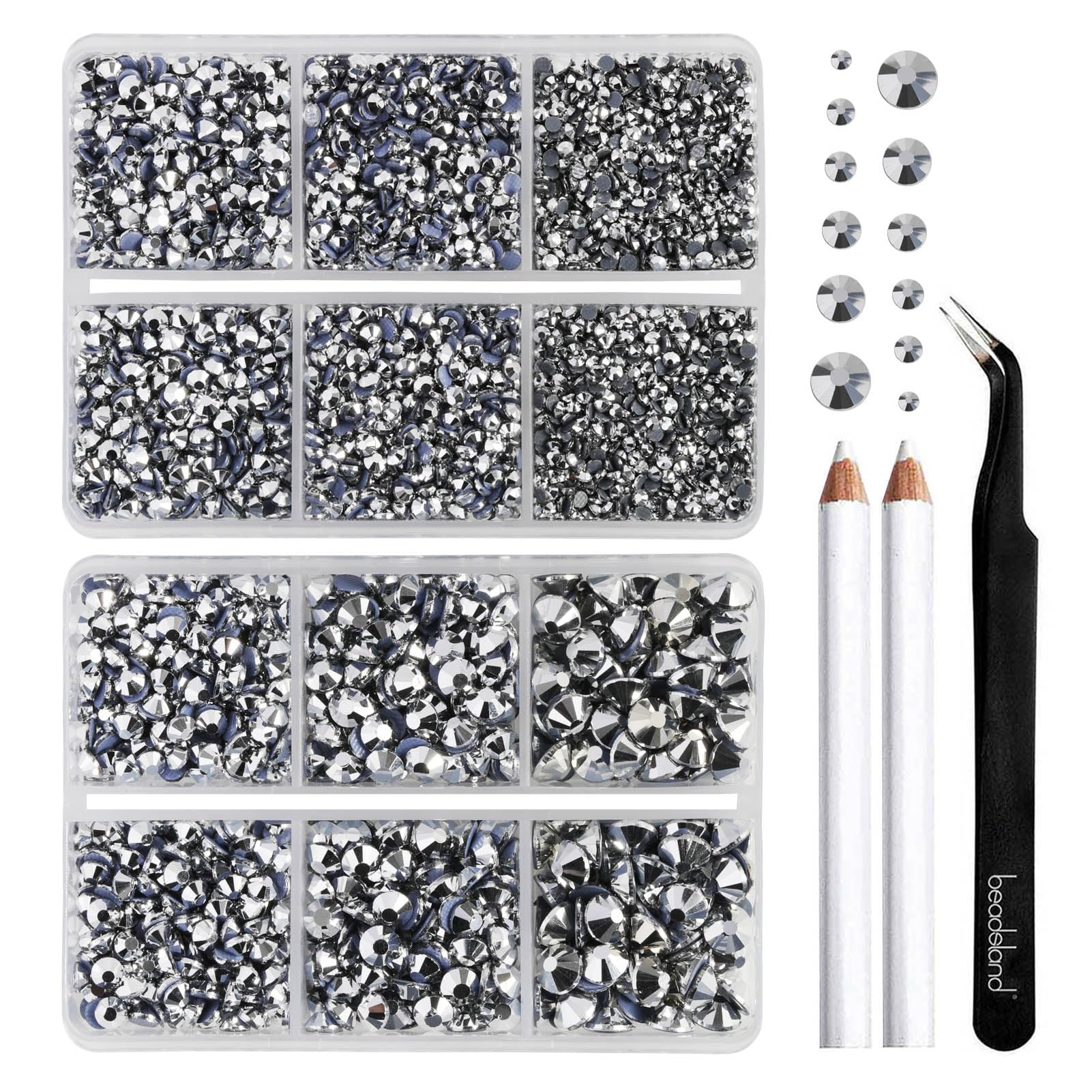 BEADSLAND Hotfix Rhinestones,6080PCS Silver Rhinestones for Clothes Crafts Mixed 6 Sizes with Wax Pencil and Tweezers Kit,SS6-SS30,Silver Hematite