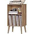 Lerliuo Record Player Stand, Oak Turntable Stand Holds up to 160 Albums, Mid-Century Vinyl Storage Cabinet Table with Solid Wood Legs, Record Player Holder Dispaly Shelf for Bedroom Living Room
