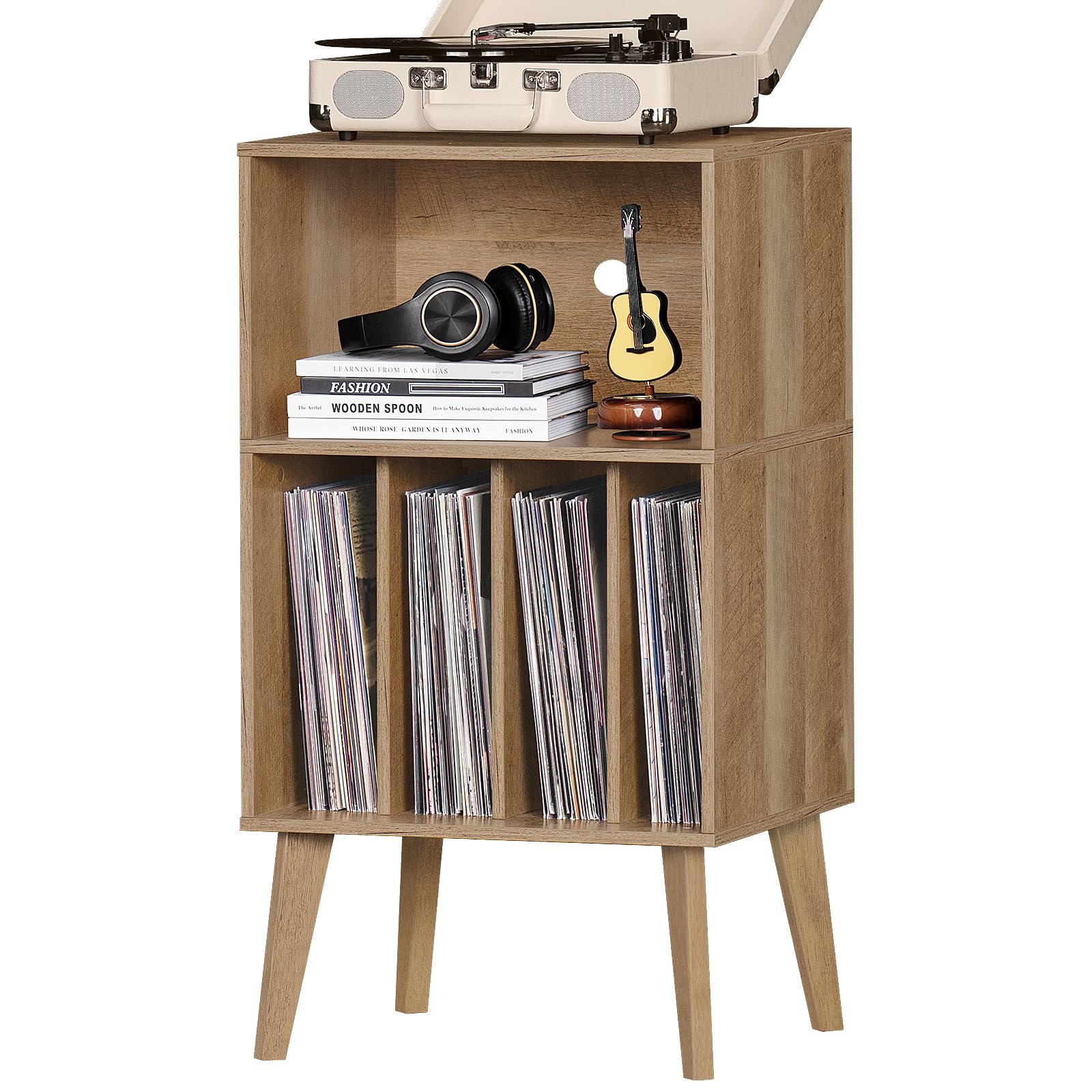 Photo 1 of Lerliuo Record Player Stand, Oak Turntable Stand Holds up to 160 Albums, Mid-Century Vinyl Storage Cabinet Table with Solid Wood Legs, Record Player Holder Dispaly Shelf for Bedroom Living Room