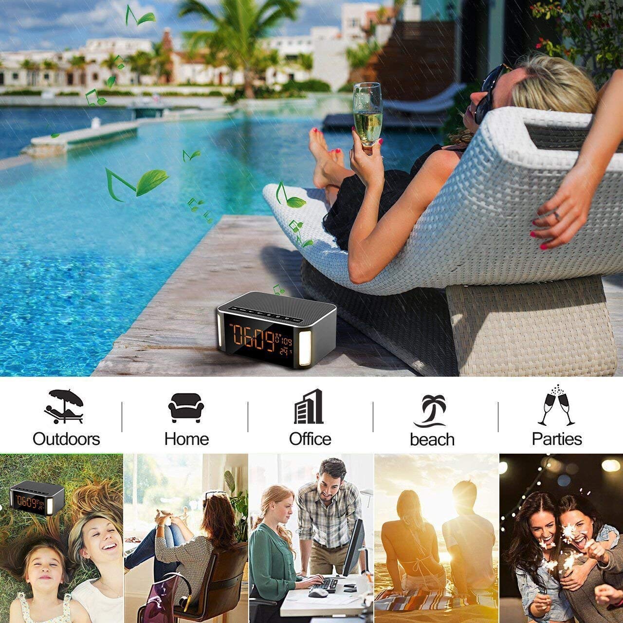 Portable Bluetooth Speaker,XPLUS 4.2 Outdoor/Indoor Stereo Hi-Fi Speaker with Led,FM,Hands-Free Phone Calling,Two Passive Subwoofers,Time,Temperature,Two Alarm Clock,Great for Party,Traveling