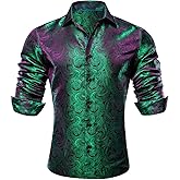 Barry.Wang Men Dress Shirts Long Sleeve Button Down Silk Paisley Floral Party Shirt Jacquard Business Formal