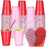 Ceenna 120 Pcs Valentine's Day Disposable Plastic Cups with Heart Straws, 16 oz Red Pink Reusable Drinking Tumblers for Wedding, Bridal Shower & Party Supplies