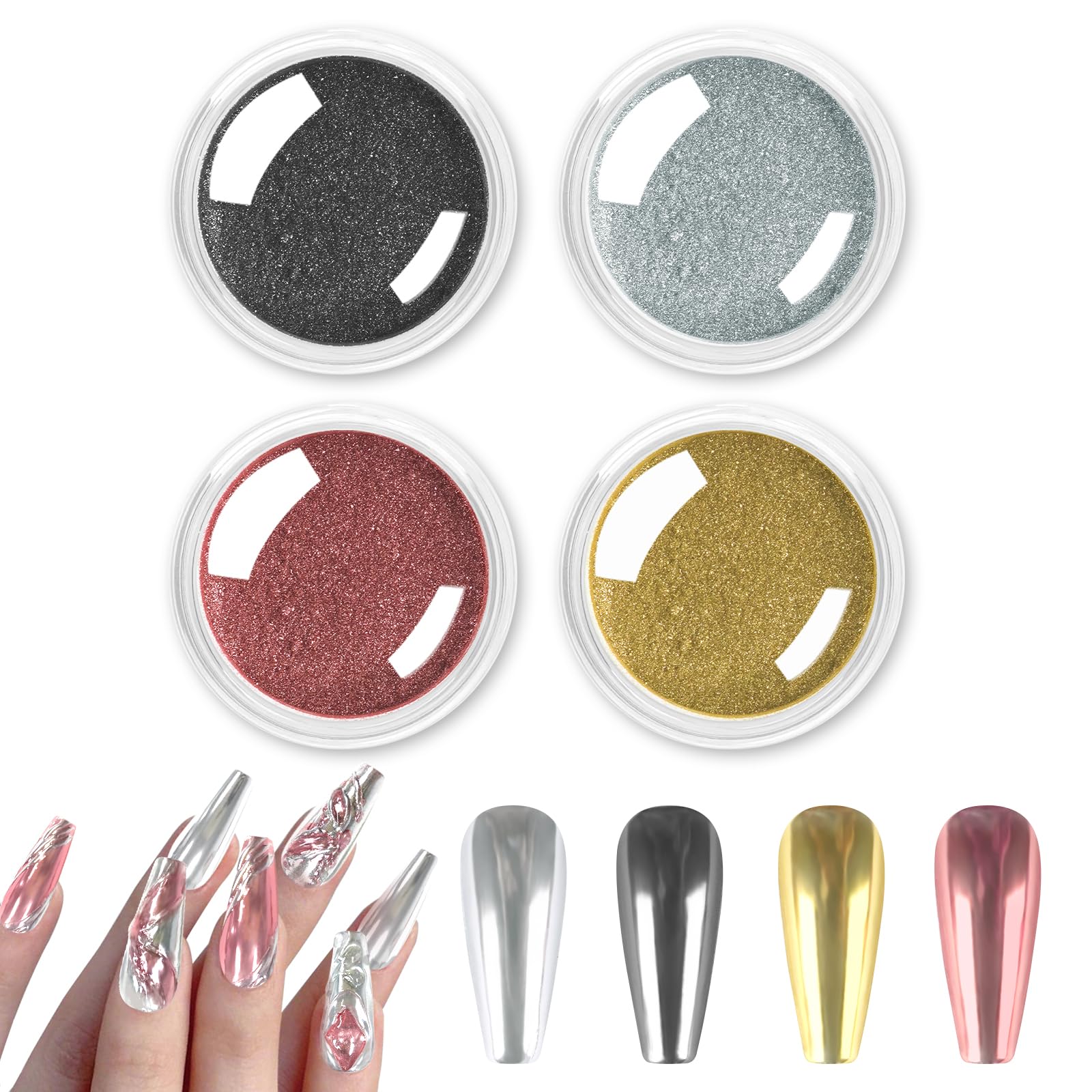 Allstarry Chrome Nail Powder 4 Colors Metallic Mirror Effect Powder Holographic Manicure Pigment Glitter Powder Kit for Nail Art Decoration Gel Polish with 4 Pcs Eyeshadow Sticks