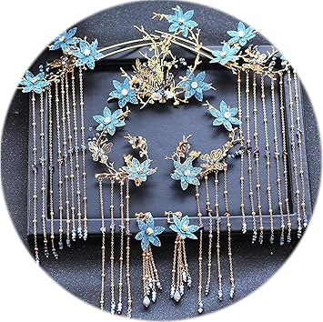 Amazon Com Luxury Chinese Bridal Headdress Blue Flower Long