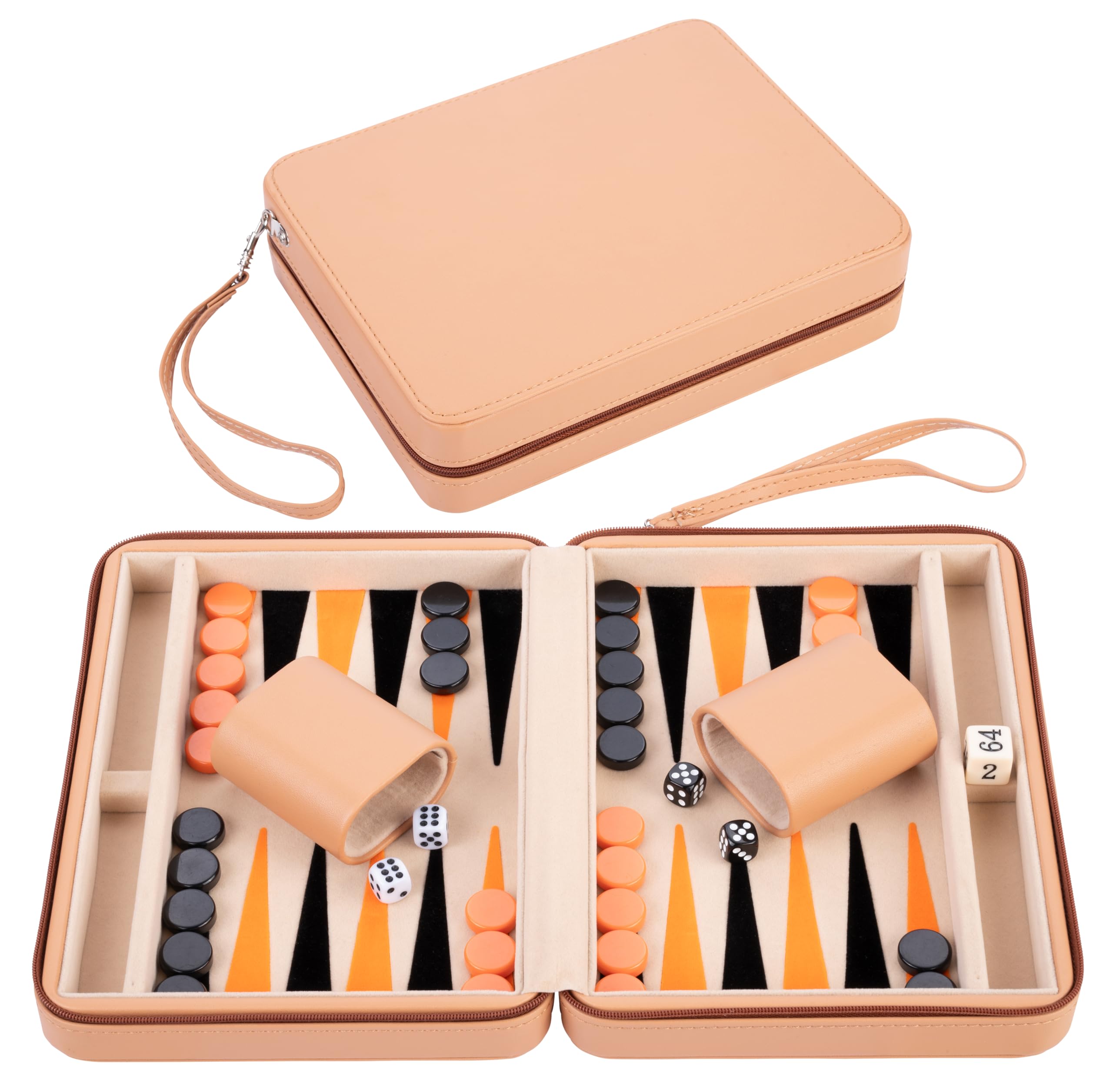 Engelhart – 250501 – Travel Backgammon Set 9-Inch Deluxe with Inlay Felt – Beige Zipper Closure (Beige, Orange, Black)