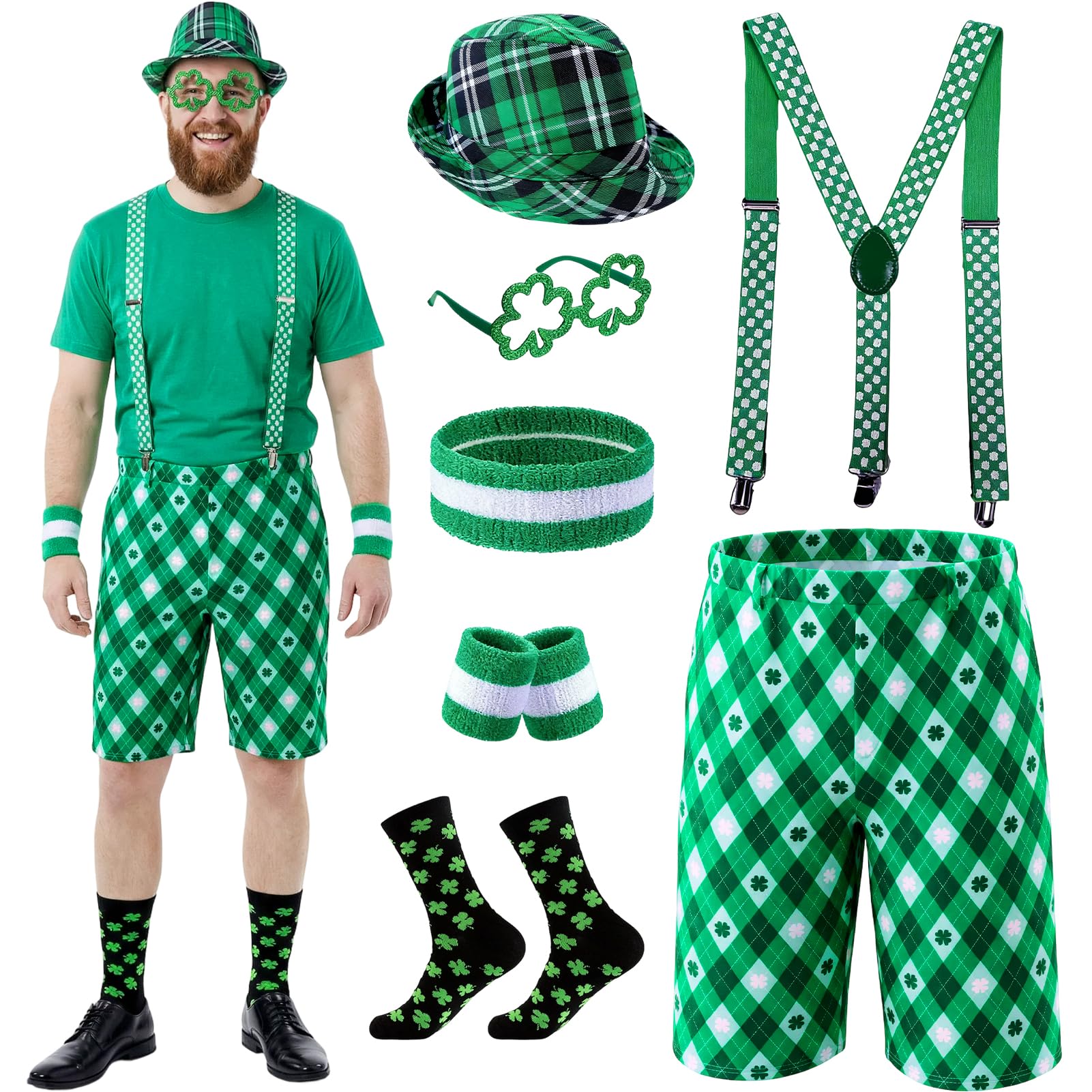 GEMAKA St Paddy’s Day Leprechaun Fancy Dress Set for Men, Shamrock Shorts with Suspenders, Green Hat & Accessories (Small)
