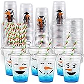 Bokon 60 Pcs Christmas Snowman Plastic Cups with 60 Lids and 75 Pcs Straws 12oz Disposable Clear Snowman Face Cups Bulk in 12 Styles for Cold Beverage Coffee Snacks Winter Holiday Xmas Party Supplies