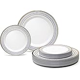 " OCCASIONS " 50 Plates Pack (25 Guests)-Heavyweight Wedding Party Disposable Plastic Plate Set -25 x 10.5'' Dinner + 25 x 7.5'' Salad/Dessert plates (Odyssey White/Blue & Gold)