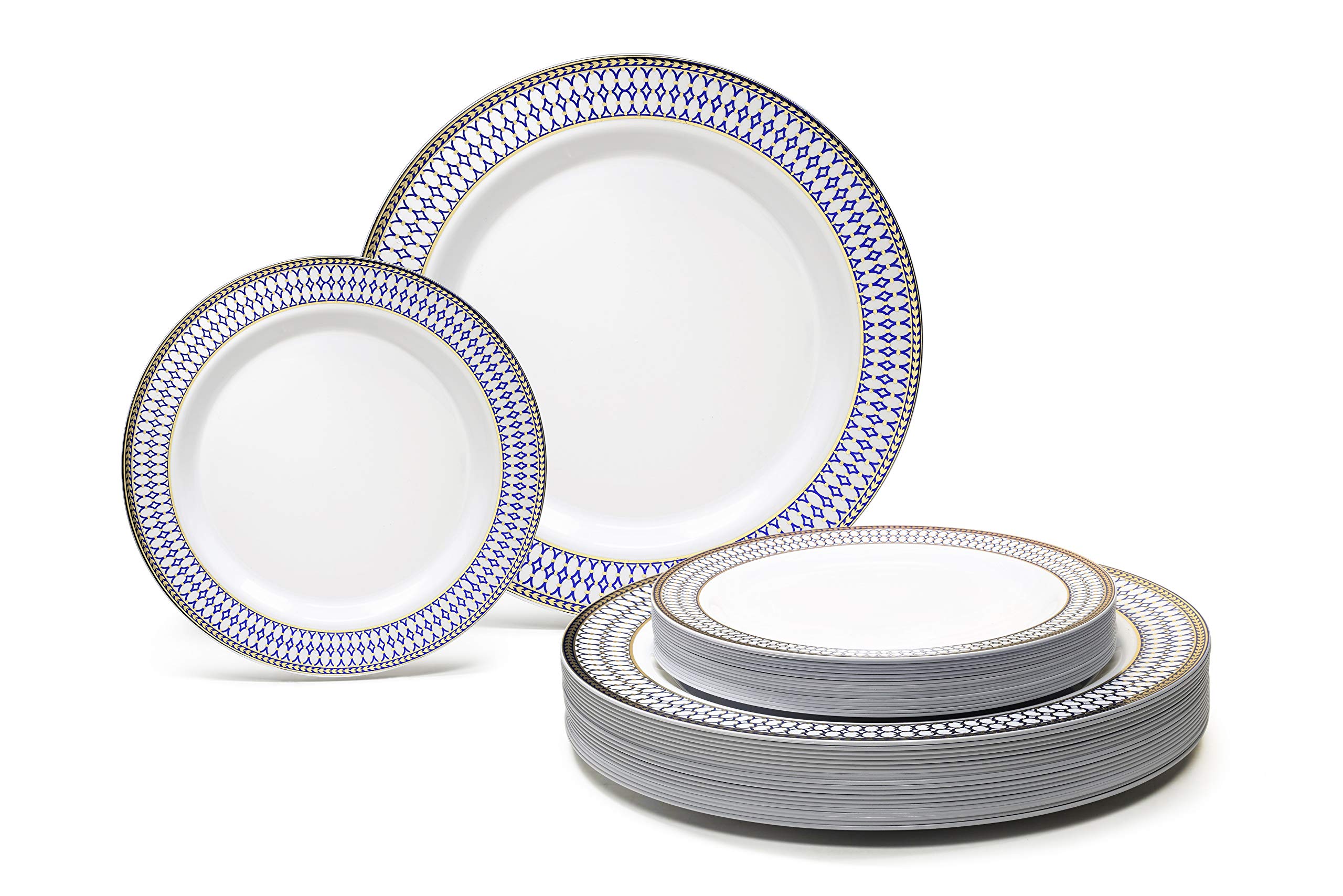 Photo 1 of " OCCASIONS " 50 Plates Pack (25 Guests)-Heavyweight Wedding Party Disposable Plastic Plate Set -25 x 10.5'' Dinner + 25 x 7.5'' Salad/Dessert plates (Odyssey White/Blue & Gold)