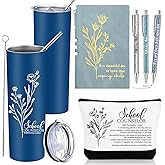 Funnymoom 6 Pcs School Counselor Appreciation Gift Set for Women Thank You Gifts 20 oz Boho Flower Tumbler Makeup Bag Journal Ballpoint High School Teacher Educator Work(Blue, Counselor)